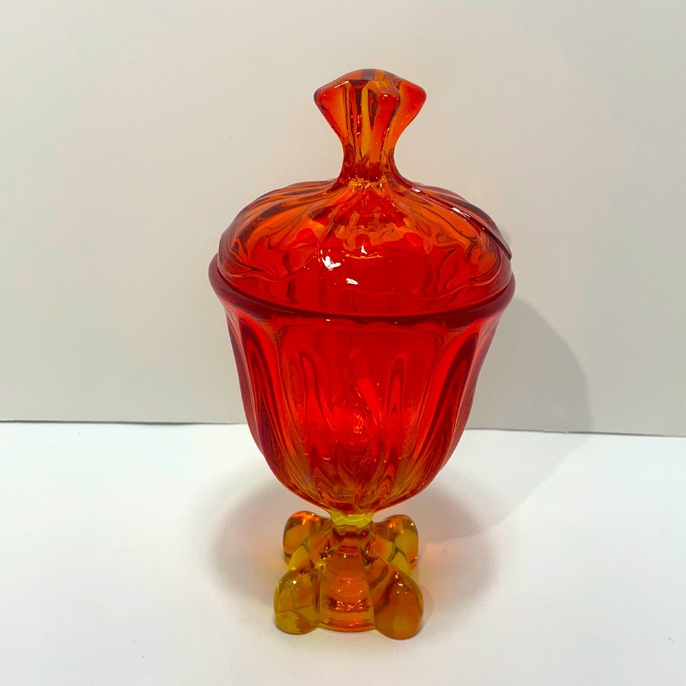 Viking Glass Amberina Covered Jar 4 Square footed Base
